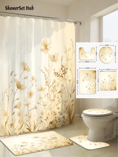 1/3/4pcs Elegant Floral Shower Curtain Bathroom Sets,Minimalist Grass Print Waterproof And Wear-Resistant Accessories,With 12 Hooks - Includes Toilet Seat Cover, Bath Mats, And Rugs - Plastic Fabric - Washable,Mildew-Resistant - Perfect For Holiday Decor,Home/Bedroom/House/Western/Spring Decor,
