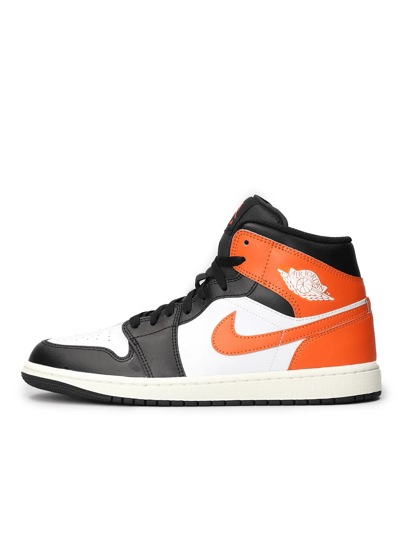 Jordan Air 1 Mid 男士运动鞋，轻盈透气网眼鞋面，缓震减震，防滑厚底，撞色Logo，亲肤易清洁，舒适贴合，适合健身房、街头、下班后、日常出行、跑步通勤等场合，白色、橙色、黑色可选，货号：DQ8426-801 - 白色 橙色 黑色 - 查看 1