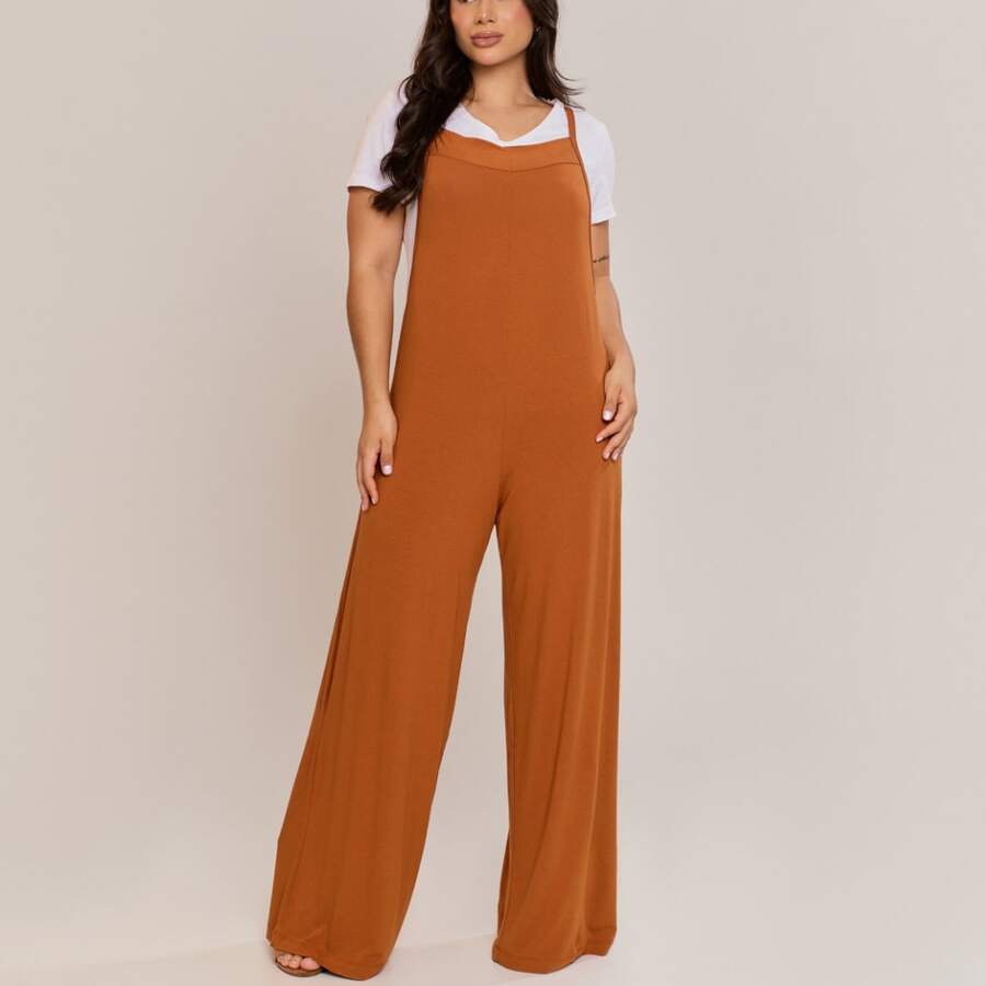 Women's Long Viscolycra Dungarees Jumpsuit Without Pockets - Comfortable, Casual And Stylish - 駝色 - 查看 1
