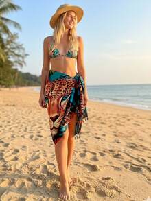 Large Women's Beach Sarong, Polyester, Leopard Print Pool Cover-Up - OUNCE - View 3