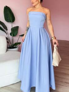 Elegant Strapless Long Dress With Built-In Bra Cups And Back Tie. Chic, Elegant Party Dress For Casual Occasions. - 淡藍色 - 查看 2