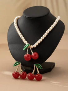一套女士个性化定制时尚樱桃珍珠项链套装，搭配个性化定制锌合金耳环，高档质感，适合宴会和节日佩戴。 - 櫻桃 - 查看 2