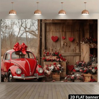 2D-platt, 1 retro röd bil och blommig bakgrundsbanderoll med hjärtformade ballonger och presentaskdesign, HD-2D-plattutskrift, återanvändbart polyestertyg, lämplig för inomhus- och utomhusfester