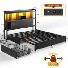 Full/Queen/King Size 51" Tall Bed Frame With 4 Large Drawers & Charging Station & LED Lights Metal Platform Bed With Bookcase Headboard 9 Compartments, No Noise, Cama Black - 黑色 - 查看 12