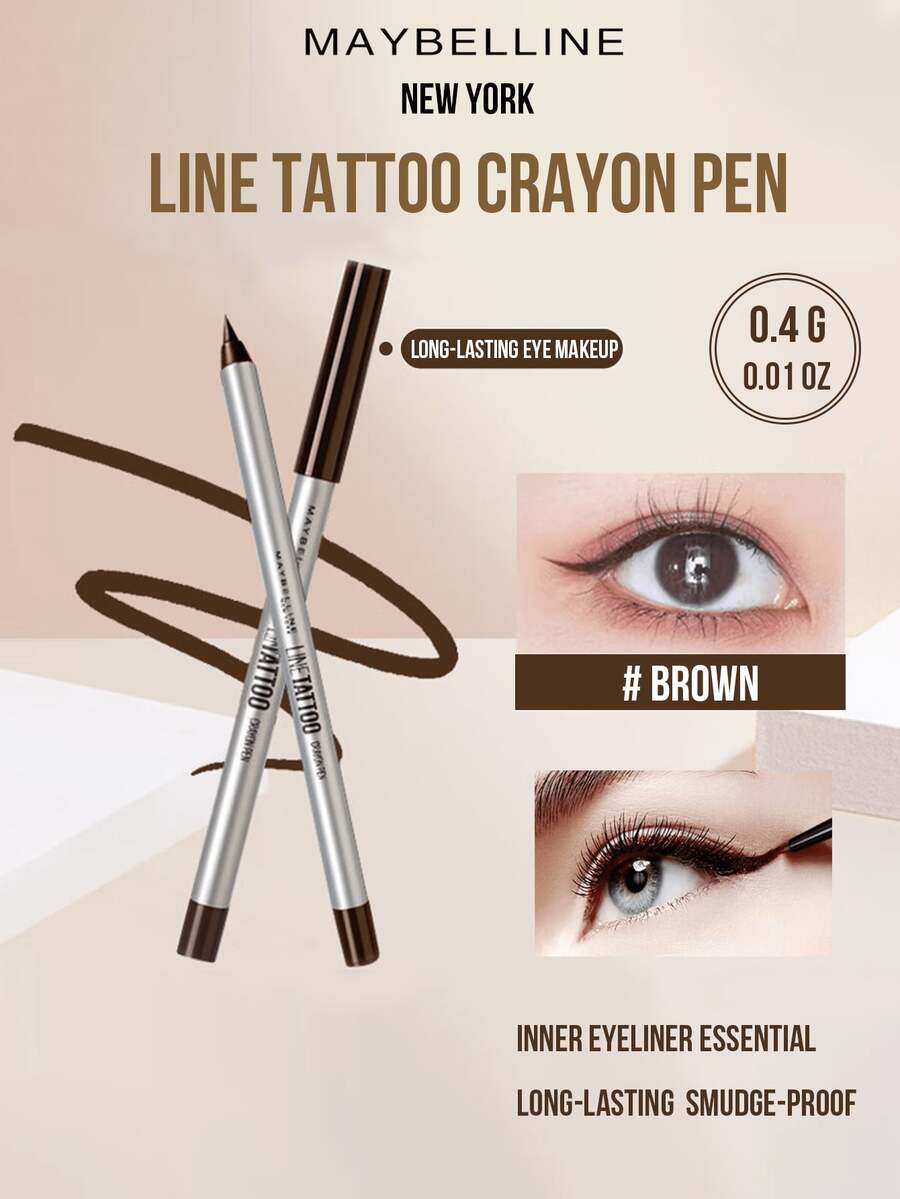 Maybelline LINE TATTOO CRAYON PEN #BLACK 0.4G/0.01OZ - HOT, Long-Lasting Waterproof Gel Eyeliner, Rich Pigment Deep-Set Eye Makeup, Ideal For Beginners to Use, 3-Step Bigger Eye Smrl, Creamy Texture Look-Pro