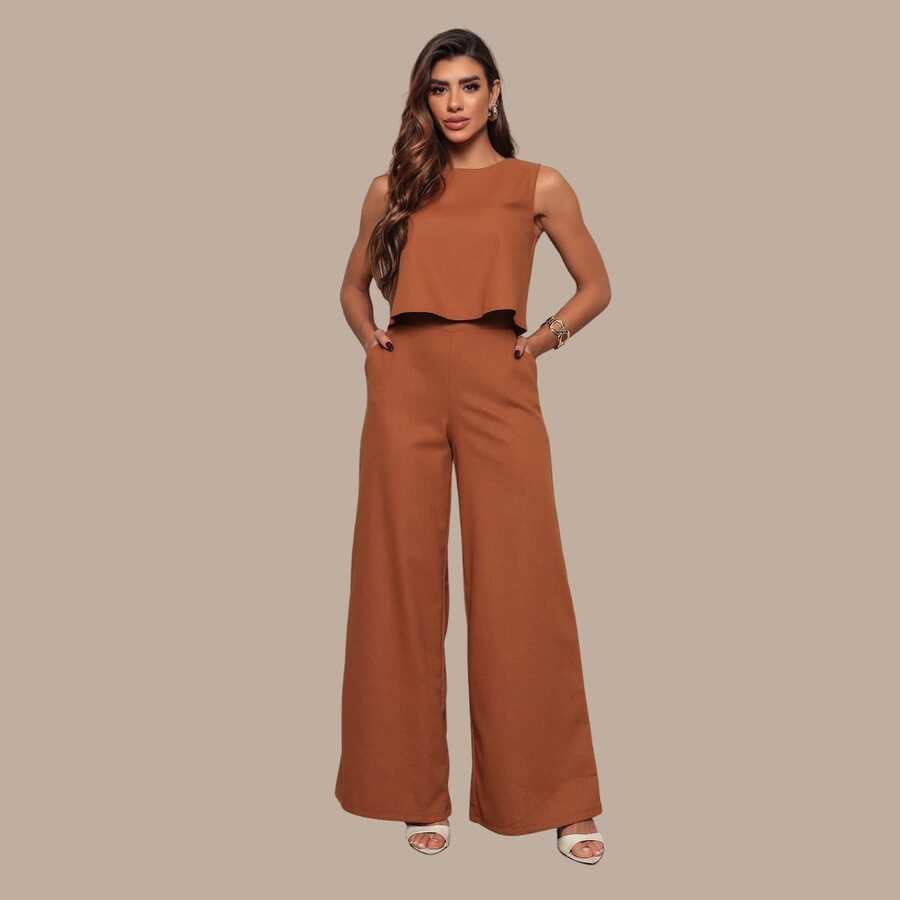 Stylish Women's Linen Pants And Blouse Set - Óxido marrón - Ver 1