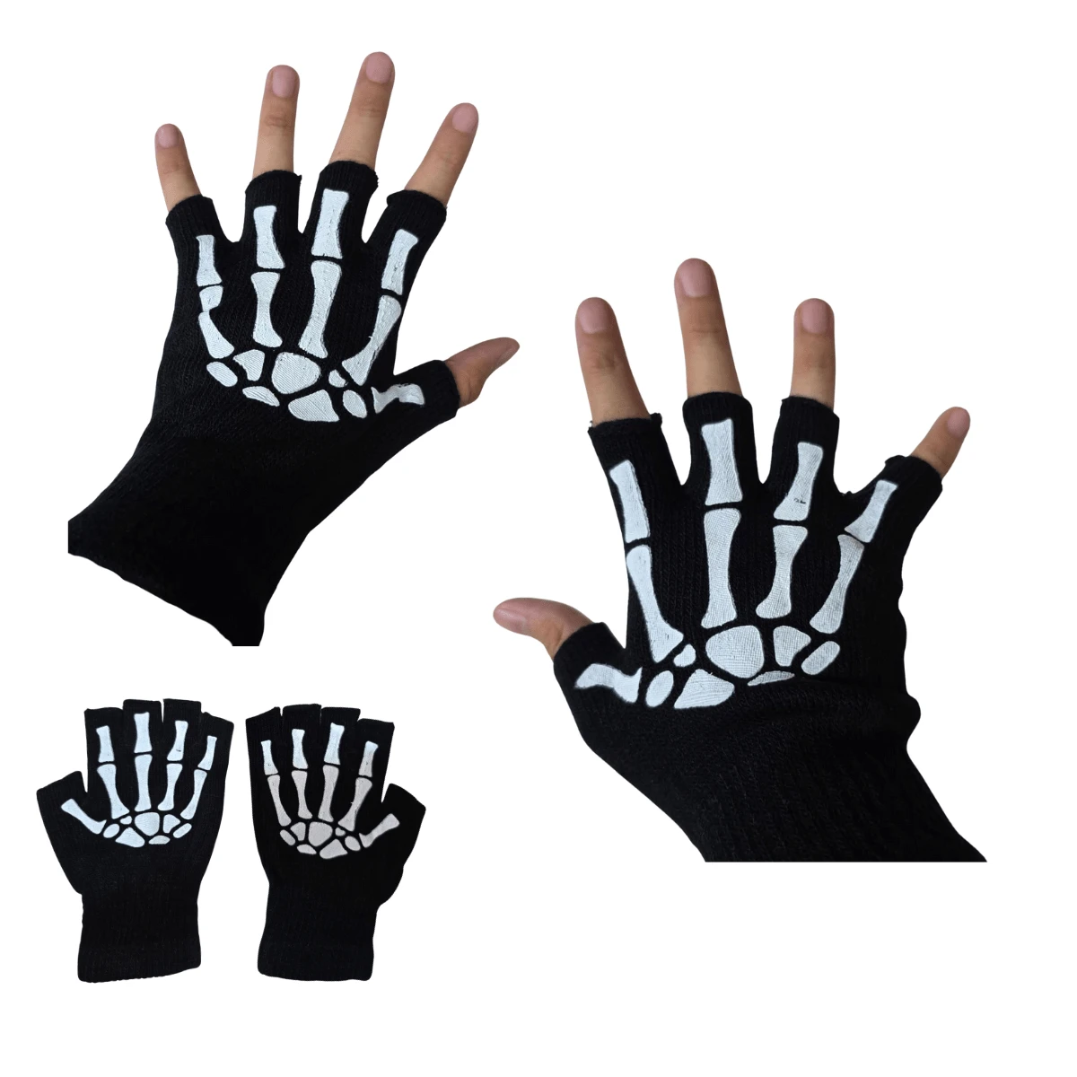 12 piezas de guantes de calavera esqueleto sin dedos para adulto, diseño mocho tejido, elásticos y cálidos para invierno, cómodos para uso diario, accesorios ideales para Halloween, disfraces y clima frío  Poliéster - Negro - Ver 1