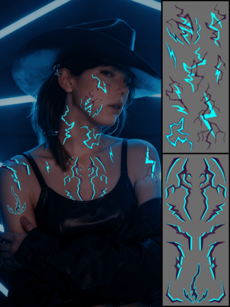 2PCS KPOP Luminous Temporary Tattoos - Purple Lightning Makeup Stickers, Full Body Large Size Waterproof Sweatproof Cool Fake Tattoos For Party Halloween Performance Cosplay Festival Gifts
