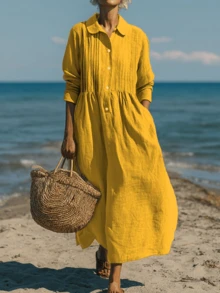 Women's Elegant Casual Solid Color Bohemian Style Pleated Dress, Suitable For Spring/Summer Everyday Wear - Yellow - View 1