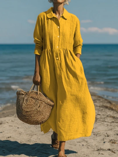 Women's Elegant Casual Solid Color Bohemian Style Pleated Dress, Suitable For Spring/Summer Everyday Wear