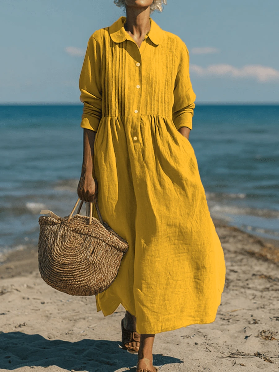 Women's Elegant Casual Solid Color Bohemian Style Pleated Dress, Suitable For Spring/Summer Everyday Wear - Yellow - View 1