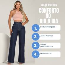Calça Wide Leg Feminina Jeans Cintura Alta   elegante  Festa  Fofo    Jeans    Bolso  Zíper  Botão    Reta  Noite  Diário  Escola    Atemporal - Escura - Visão 5