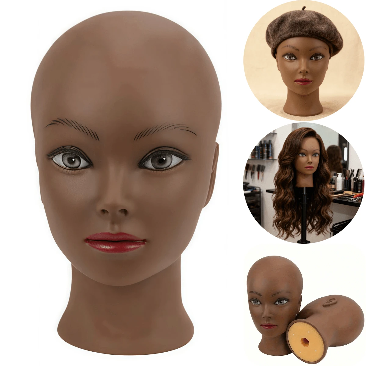 Professional Hairdressing Training Bald Male And Female Mannequin Heads, Suitable For Wig Styling, Eye Makeup Application And Hat Display Purposes (Size: 21 Inches). - Dark Brown - View 1