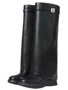 Luxury Fashion Women Fold Over Pointy Pull-On Shark Boots Women Wide Calf Padlock Boots Nightclub Elegant Shoes - 黑色 - 查看 2