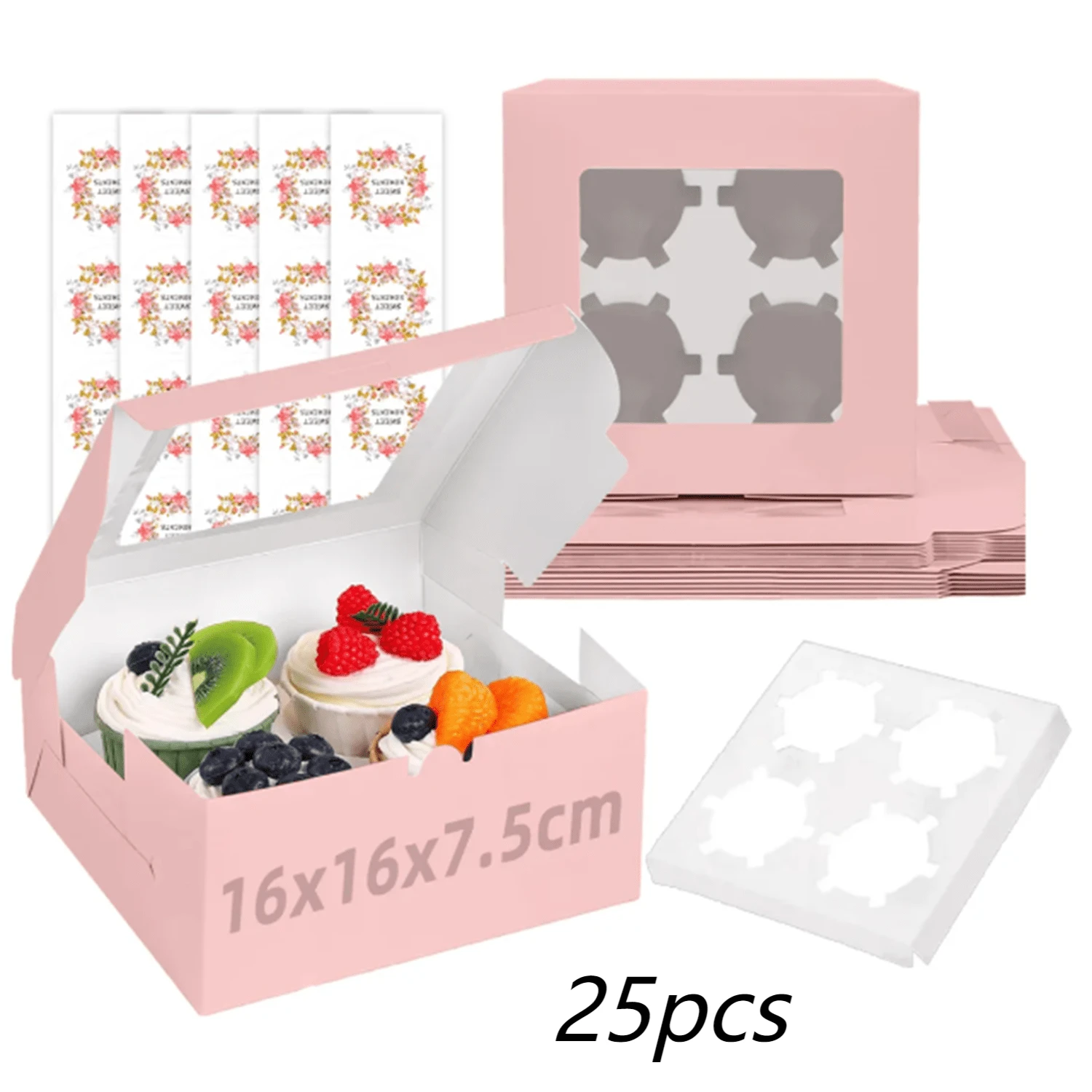 CASALIVA 25 piezas Cajas para pasteles estilo Ins, Cajas de panadería rosa con ventana, cajas individuales para cupcakes de 16x16x7.5cm, cajas de galletas kraft pequeñas cajas de golosinas para Dulces para Pasteles, Bodas, Cumpleaños - Rosa - Ver 1