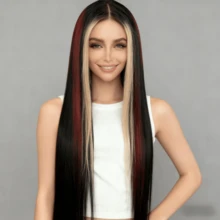 【臭鼬条纹假发】高光红金色直发真人发假发，13X4透明前额蕾丝，P1B/BUG/白金色，巴西雷米发，预先拔毛，自然发际线，无胶 - SNatural/22/27A/613 - 查看 7