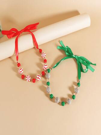 1 pieza Collar de cuentas vintage, collar gargantilla de cuentas de madera coloridas, elegante y dulce, adecuado para uso diario, fiestas, celebraciones navideñas, regalo de Navidad