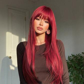 Long Straight Wine Red Wig With Bang, Synthetic Wigs For Women, Rose Net Cap For Secure Fit, Heat Resistant Customs Themed Parties Wigs, Wine Red Wig For Daily Christmas Day Halloween Cosplay Party