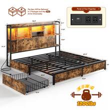 EnHomee Full/Queen/King Size 51" Tall Bed Frame With 4 Large Drawers & Charging Station & LED Lights Metal Platform Bed With Bookcase Headboard 9 Compartments, No Noise, Rustic Brown - 鏽棕色 - 查看 12