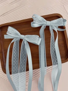 2 chiếc phụ kiện tóc nơ ruy băng ren thanh lịch, kẹp tóc đuôi ngựa, phụ kiện trang trí tóc cao cấp dành cho nữ, kẹp tóc thời trang có đuôi ruy băng, kẹp càng cua, ghim cài tóc, phụ kiện đội đầu, trâm cài tóc - Màu xanh nhạt - Xem 4