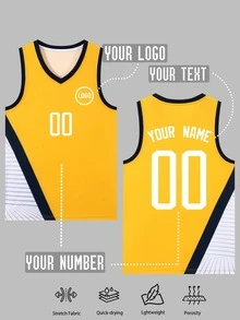 Andningsbar, snabbtorkande basketträningströja - Unisex, anpassningsbar laguniform med logotyp/namn/nummertryck, turneringsexklusiv t-shirt - Gul - Visa 2