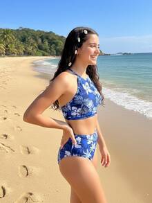 Teen 2-Piece Bikini With UV50+ Sun Protection, Lined, Tropical Style, Sizes 4 To 16, 67-A-A - 藍色與藍色背景 - 查看 3