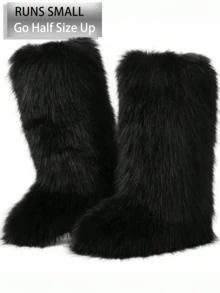 2025 Winter Knee High Boots Pull-On Faux Fur Boots Furry Fluffy Round Toe Fashion Boots For Women Suede Comfy Plush Warm Knee High Boots Outdoor Indoor Flat Shoes EdgyElongate Party Dressy Women Winter Autumn Fall Boots - Black - View 10