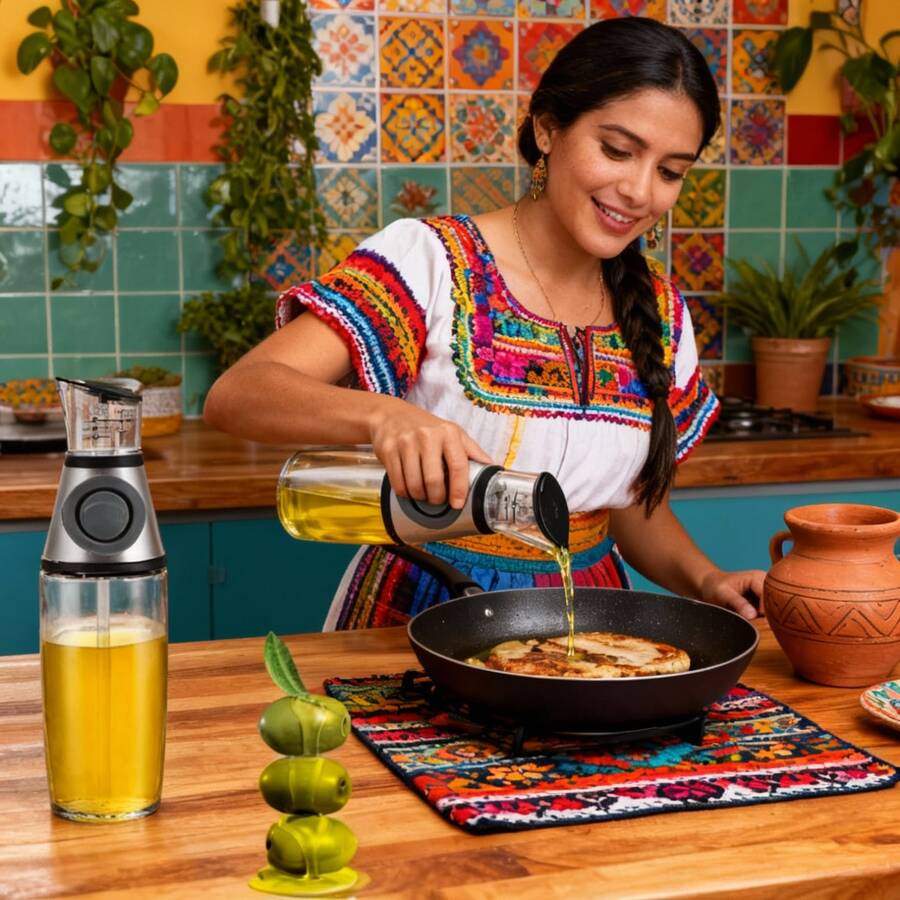 Dispensador de Aceite de Oliva para Cocina y Pulverizador de Aceite de Oliva para Cocinar - Vierte Aceite de Oliva de 500ML Botella de Vidrio Antigoteo con Pitorro y Medidas para Cocinar botella de vidrio de aceite para la parrilla, para cocina, ensalada, horneado de pan - abierto (no secreto) - Ver 1