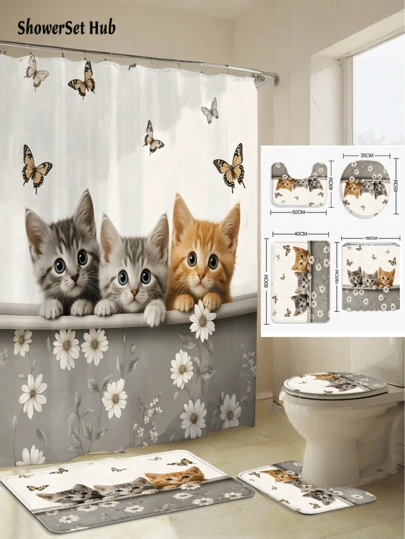 1/3/4pcs Soft Adorable Cat Print Shower Curtain Bathroom Sets, Cute Kitten Butterfly White Daisy Waterproof And Wear-Resistant Accessories,With 12 Hooks - Includes Toilet Seat Cover, Bath Mats, And Rugs - Plastic Fabric - Washable,Mildew-Resistant - Perfect For Holiday Decor,Home/Bedroom/House/Western/Spring Decor,