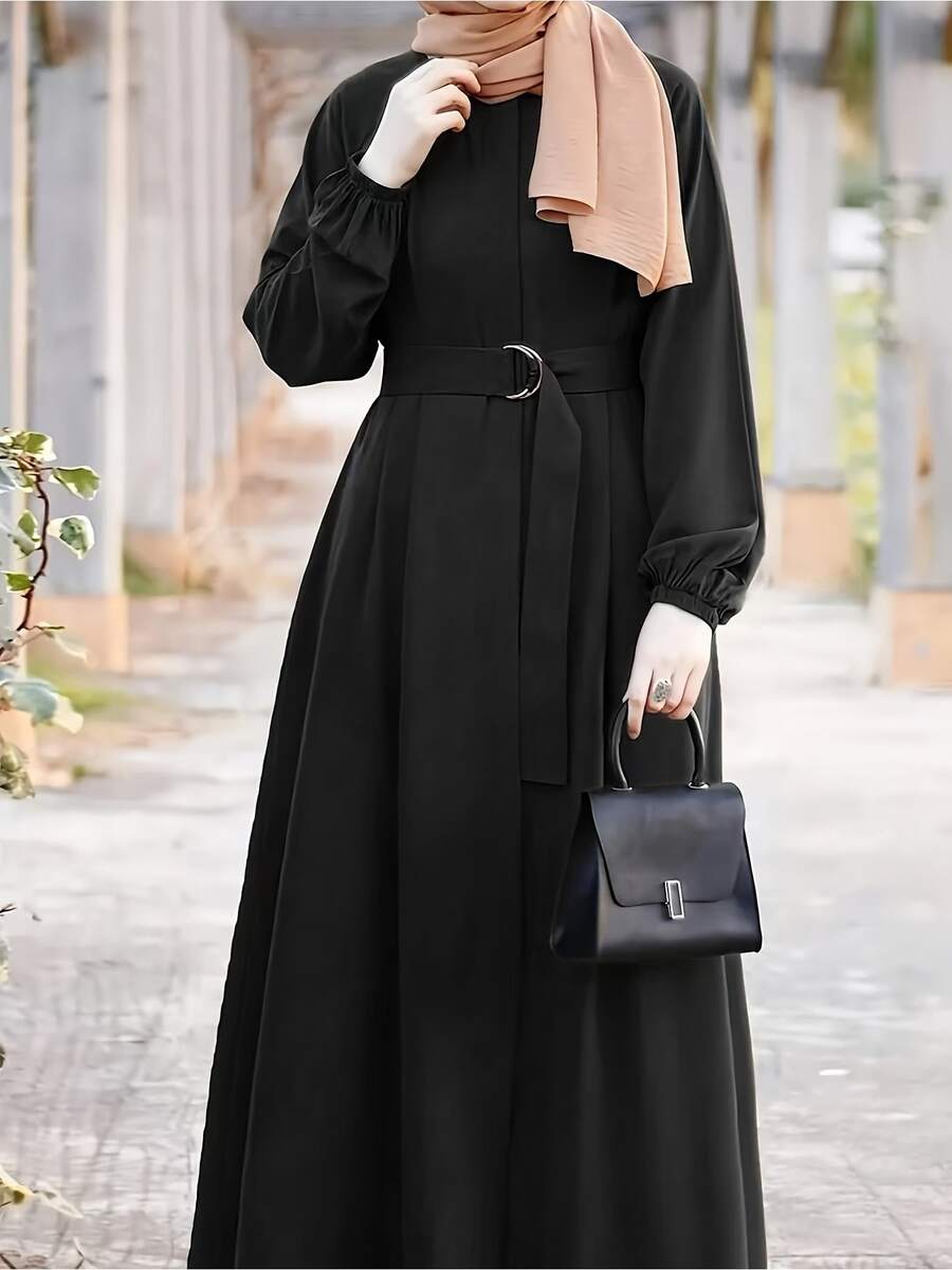 Festival Solid Color Belted Caftan, Elegant Long Lantern Sleeve Dress ...