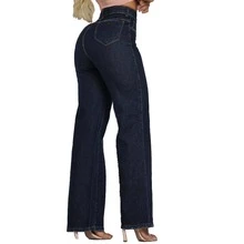 Calça Wide Leg Feminina Jeans Cintura Alta   elegante  Festa  Fofo    Jeans    Bolso  Zíper  Botão    Reta  Noite  Diário  Escola    Atemporal - Escura - Visão 2