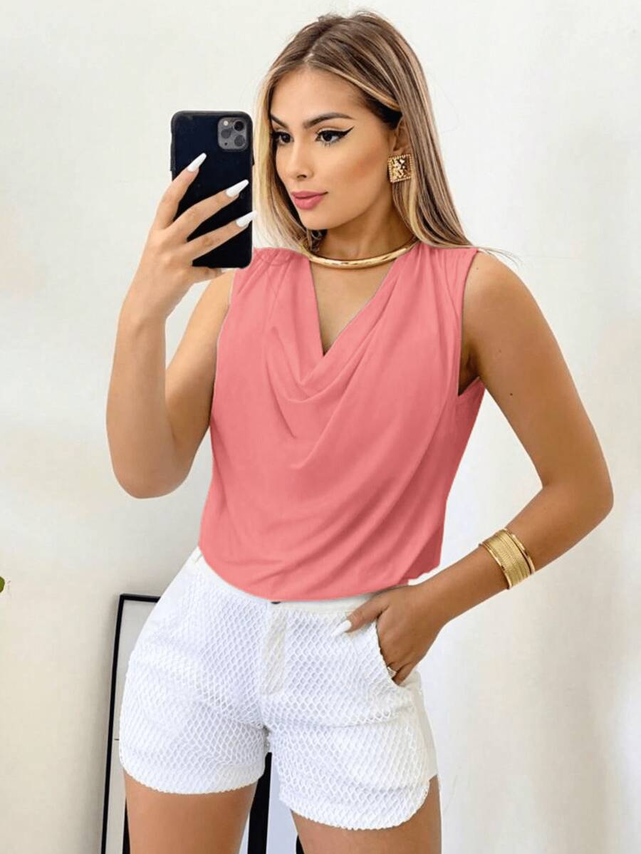 Elegant, Loose-Fitting Tank Top With Cowl Neck And Sleeves. - Màu Hồng baby - Xem 1