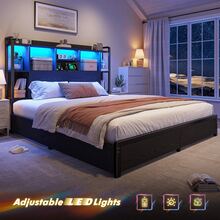 Full/Queen/King Size 51" Tall Bed Frame With 4 Large Drawers & Charging Station & LED Lights Metal Platform Bed With Bookcase Headboard 9 Compartments, No Noise, Cama Black - 查看 7