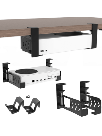适用于 Series X/S 的高级桌下钢制夹式支架 – 无需工具和钻孔即可安装，采用加固型厚钢支架，配有硅胶保护垫，并附赠 2 个手柄支架，打造安全、节省空间的舒适游戏体验。