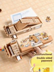 1pc Multifunctional Double-Sided Capybara Pattern Pencil Case - Includes Pencil Sharpener, Schedule Planner, Multiplication Table, Whiteboard And Drawer-Style School Supplies Storage, With Combination Lock - Multicolor - View 8