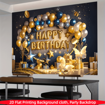 1PC,2D Flat, Black Gold Happy Birthday Background Banner, Made Of Polyester Fabric, Featuring Balloons, Stars, And Gift Designs, Suitable For Birthday Parties, Celebration Decorations, Family Gatherings, Birthday Background Fabrics, Cake Table Decorations, Home/Bedroom Wall Decorations, Indoor And Outdoor Event Decorations, Garden Decorations, Photography Background Props, And Birthday Gifts