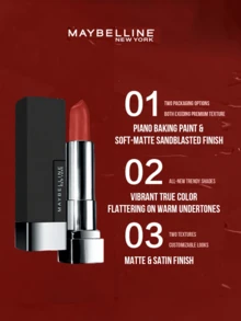 Maybelline 惊艳持久哑光唇膏 #604 红棕色 3.9克/0.13盎司，丝绒哑光质地，显色度高，提亮肤色，适合所有肤色，轻轻一抹即可呈现饱满鲜艳的色彩，温暖的底色更添迷人魅力。三步轻松上妆：旋转涂抹，晕染勾勒唇形，打造奢华日常唇妆，持久持妆一整天。优雅钢琴漆面柔雾喷砂包装，方便携带，随时随地，是必备的彩妆单品。 - 604#赤茶橘棕 - 查看 9