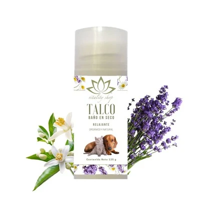 Talco Baño En Seco Relajante Orgánico Para Perros, Gatos, Hurones Mascotas domésticas 125g.