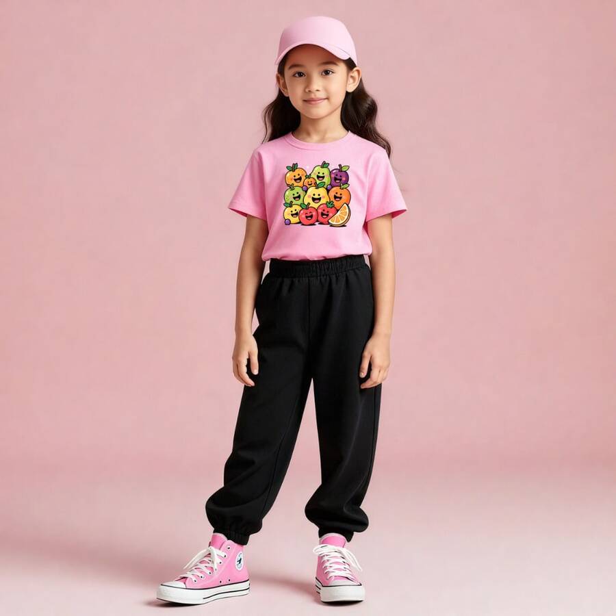 Camiseta Infantil Ombro A Ombro Blusinha Manga Curta Estampada Variedades Frutas 100% Algodão Premium Camiseta Infantil Para Meninas - Rosa chiclete - Visão 1