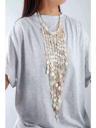 新款波西米亚风女士手工编织多层贝壳流苏项链，瀑布式流苏项链，适合派对、舞台表演等场合，女士项链饰品