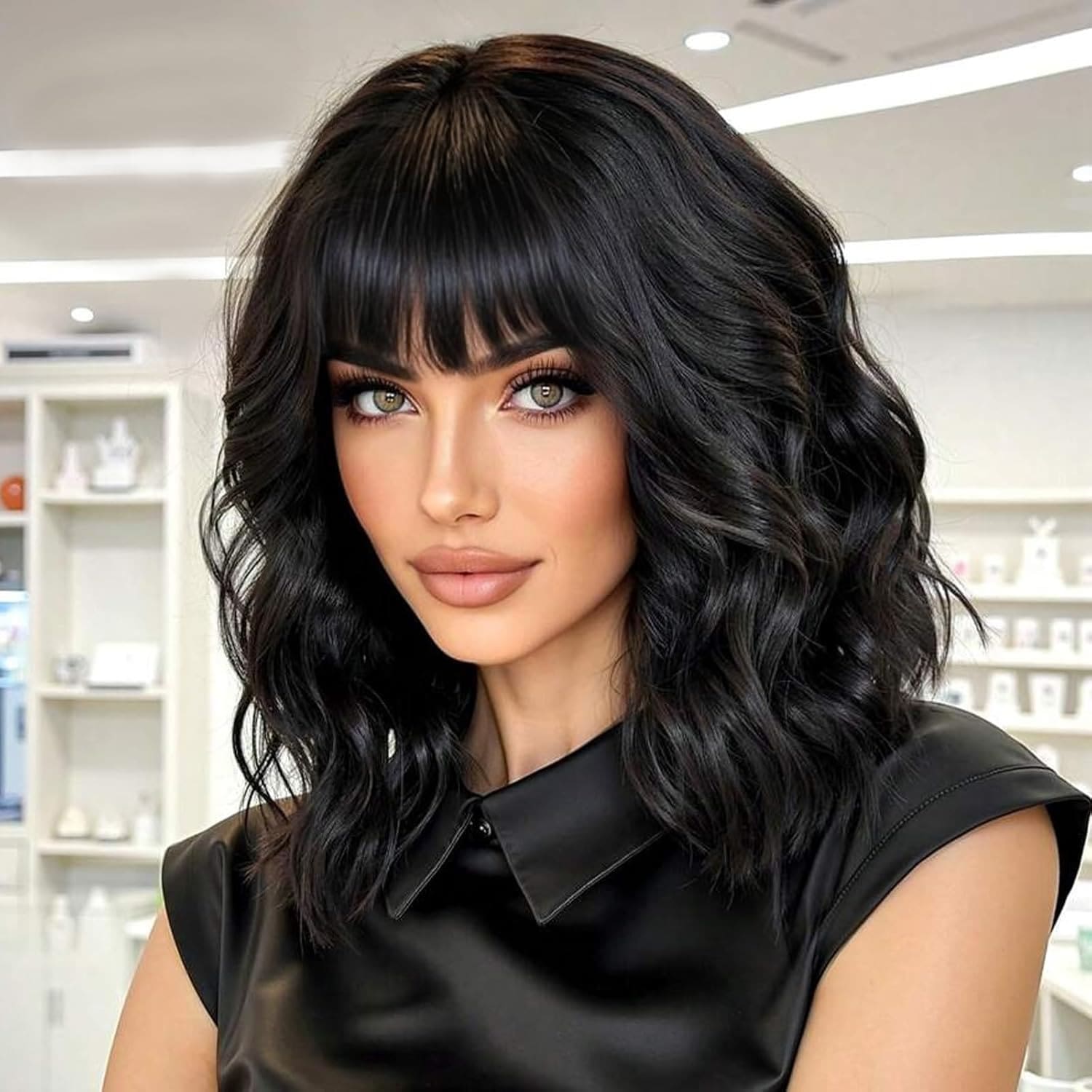 14" Black Short Curly Bob Wig With Bangs For Women - Matte Heat-Resistant Fiber | Breathable Rose Net | Women Christmas Holiday Daily Wear - Black - View 1