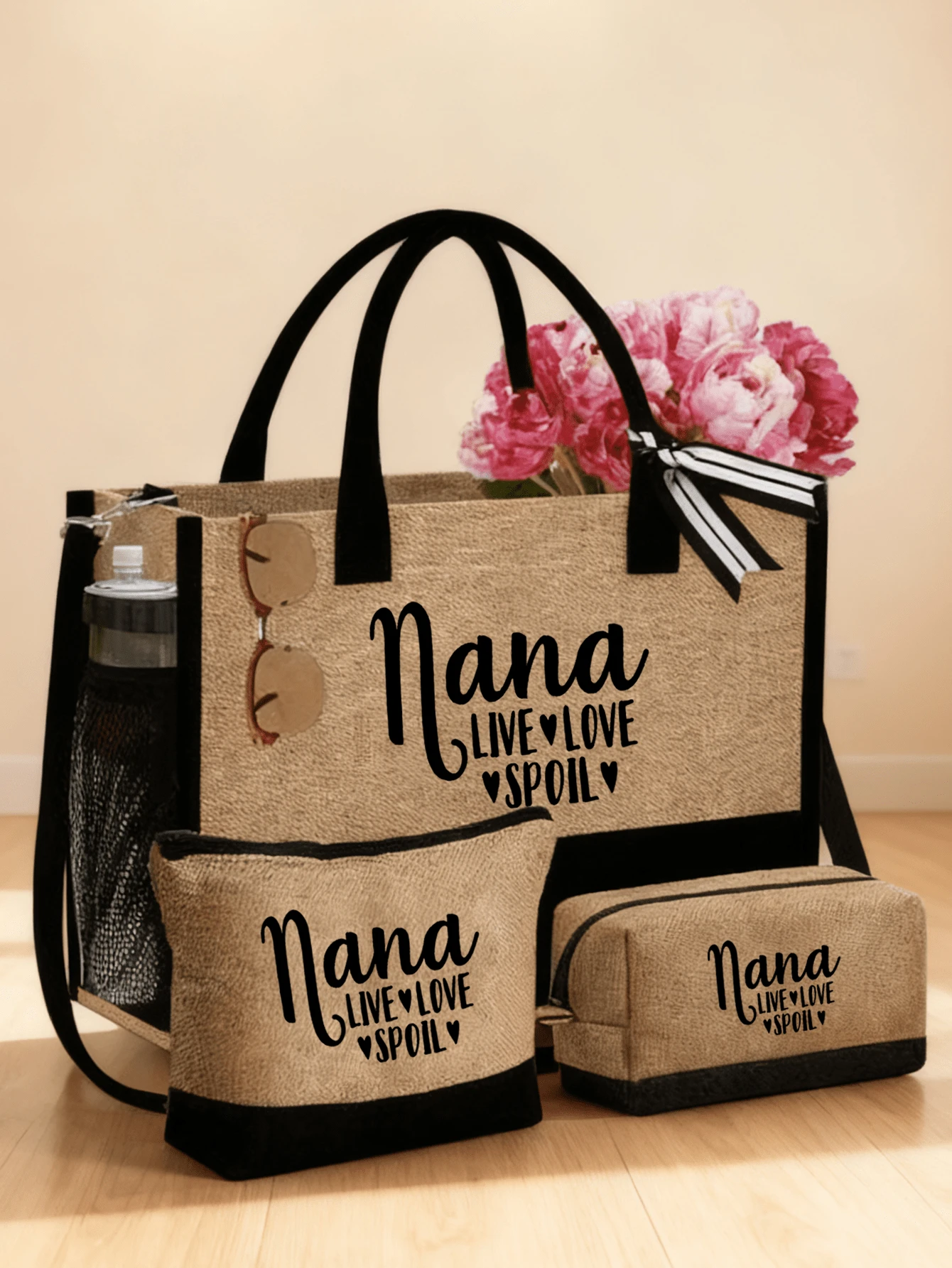 Nana 三件套亚麻手提包，包含化妆包，饰有 Nana 爱心字母图案，时尚手提包，小钱包，简约大容量手提包，便携休闲收纳手提包，多功能单肩包，手提袋，时尚旅行收纳包，卫生袋，是节日、生日、情人节、新年等场合的完美礼物。