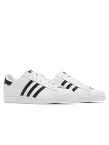 Adidas 女鞋 Superstar 经典白色皮革黑色条纹贝壳头耐穿运动鞋 EG4958 - 白色/黑色 - 查看 2