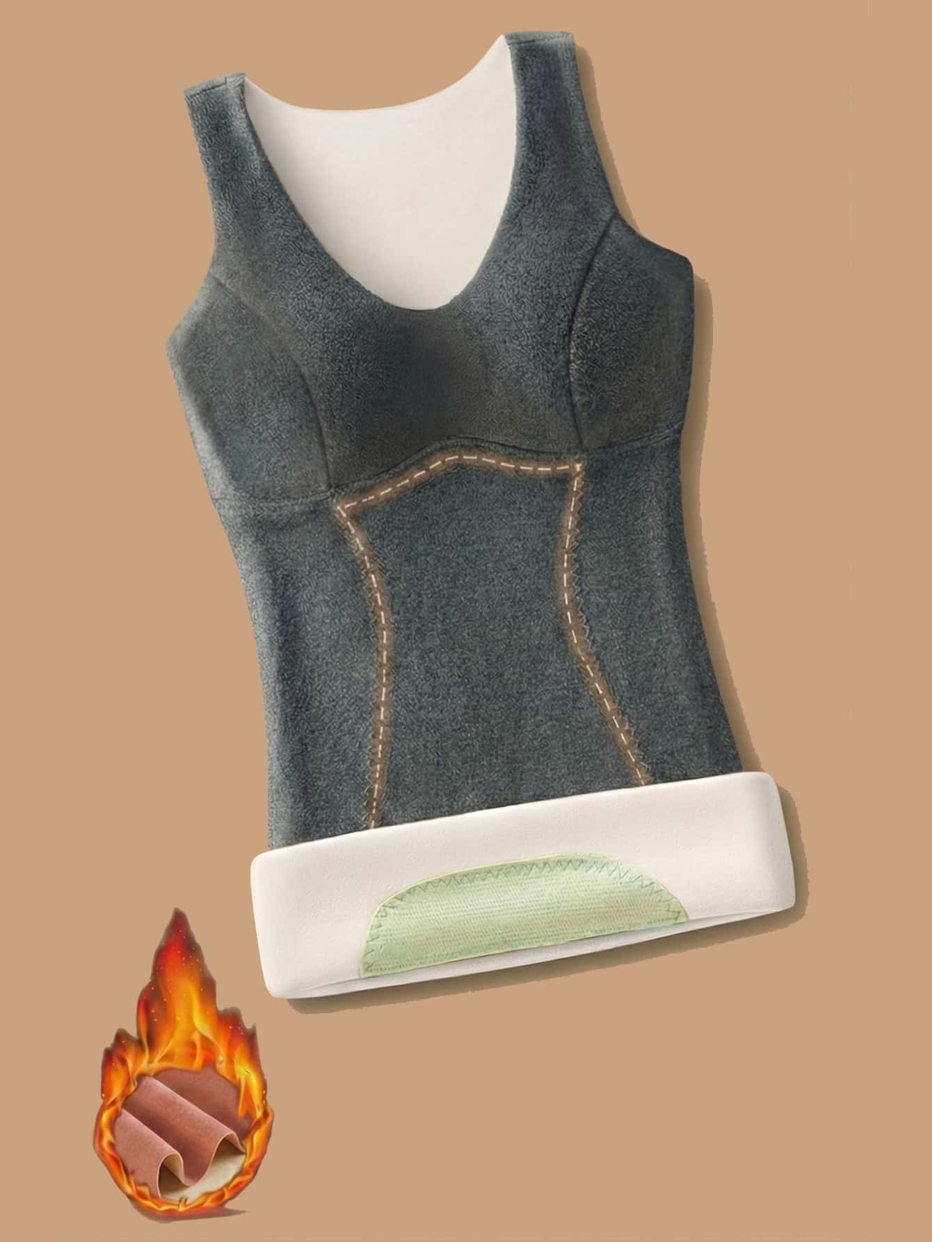 1 pieza Ropa interior térmica de felpa de unicolor, chaleco redondo cálido para mujer, adecuado para otoño/invierno - Gris - Ver 1