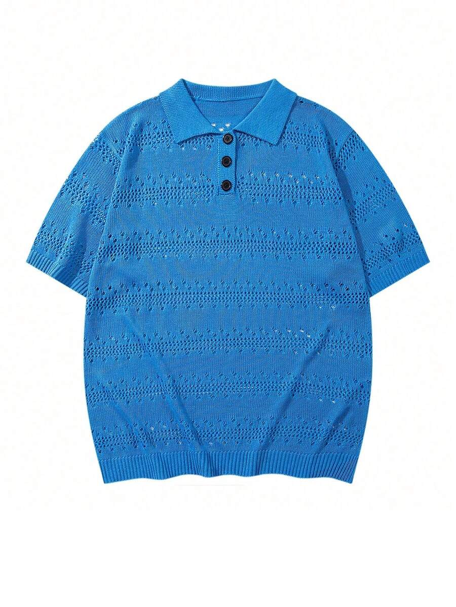 Áo len nam dáng rộng, cổ polo, tay ngắn, cài cúc, khoét lỗ, chất liệu hơi mỏng, màu xanh dương, thích hợp cho mùa xuân/hè. - Màu xanh lam - Xem 1