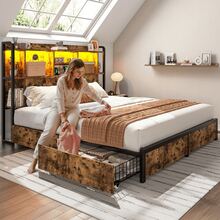 EnHomee Full/Queen/King Size 51" Tall Bed Frame With 4 Large Drawers & Charging Station & LED Lights Metal Platform Bed With Bookcase Headboard 9 Compartments, No Noise, Rustic Brown - 查看 5