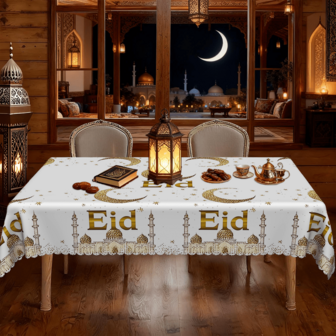 1pc Bohemian Graphic Beige Ramadan Tablecloth, With Blue Moon And Star Pattern, Washable Rectangular Tablecloth, Suitable For Dining, Table, Party, Holiday Celebration Decor, Eid Decoration, Gift