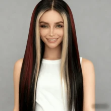 【臭鼬条纹假发】高光红金色直发真人发假发，13X4透明前额蕾丝，P1B/BUG/白金色，巴西雷米发，预先拔毛，自然发际线，无胶 - SNatural/22/27A/613 - 查看 2