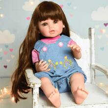 Bebê Sweetie Reborn Jardineira Jeans Flores Premium 55cm - Multicolorido - Visão 7