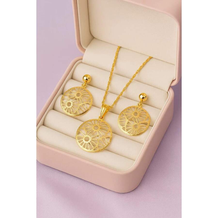 Necklace + Gold Plated Hollow Round Earring Kit - 金色 - 查看 1